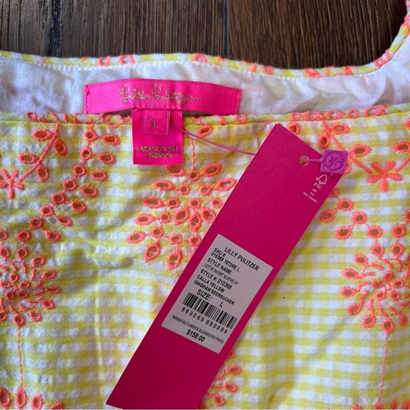 🆕 Lilly Pulitzer Lettie Eyelet calla yellow gingham seersucker Top SZ LG - Picture 3 of 5